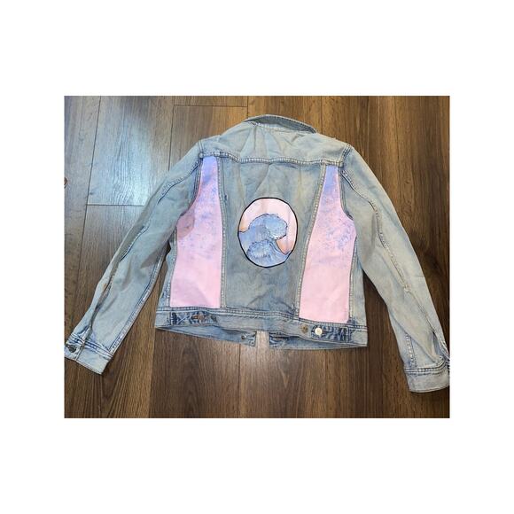 J.Crew Indigo Denim Jacket Size M Hand-Painted Custom Back Distressed Light Wash - Picture 1 of 8